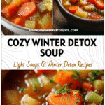 A bowl of thick winter detox vegetable soup with carrots, potatoes, and celery in a crockpot setting.
